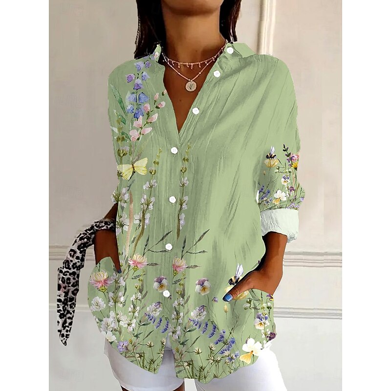 Women's Shirt Button Down Tunic Shirt Collar Long Sleeve Ombre Floral Graphic Stylish Casual Regular Tops Daily Going out s Light Green Spring