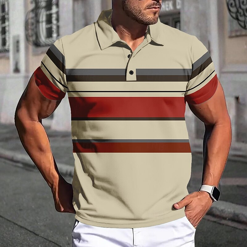 Men's Striped Rugby Polo Short Sleeve Polo Shirts Collared Shirts Casual School Outdoor Athleisure Daily Wear 3D Print Summer Light Brown Blue