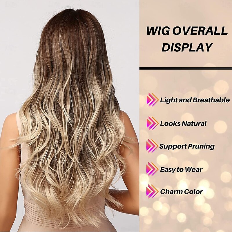 Light Brown Wig with Bangs Long Ombre Wavy Wigs for White Women, Ash White Synthetic Heat Resistant Hair, Natural Best Wigs for Halloween/Christmas/Cosplay/Party4