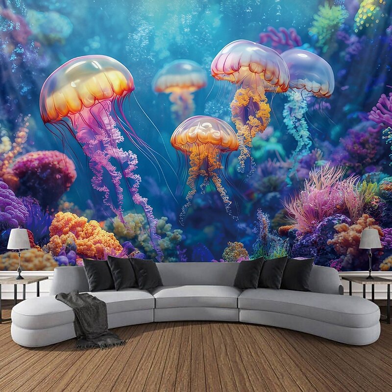 Blacklight Tapestry Glow in the Dark Glow Party UV Reactive Jellyfish Trippy Misty Nature Landscape Hanging Tapestry Wall Art Mural for Living Room Bedroom