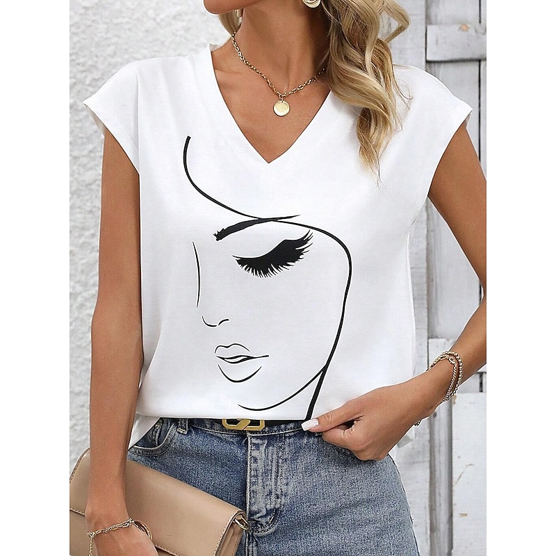 Women's Camisole Tank Top Graphic Stylish Casual Short Sleeve V Neck Regular Tops Daily Print White Summer3