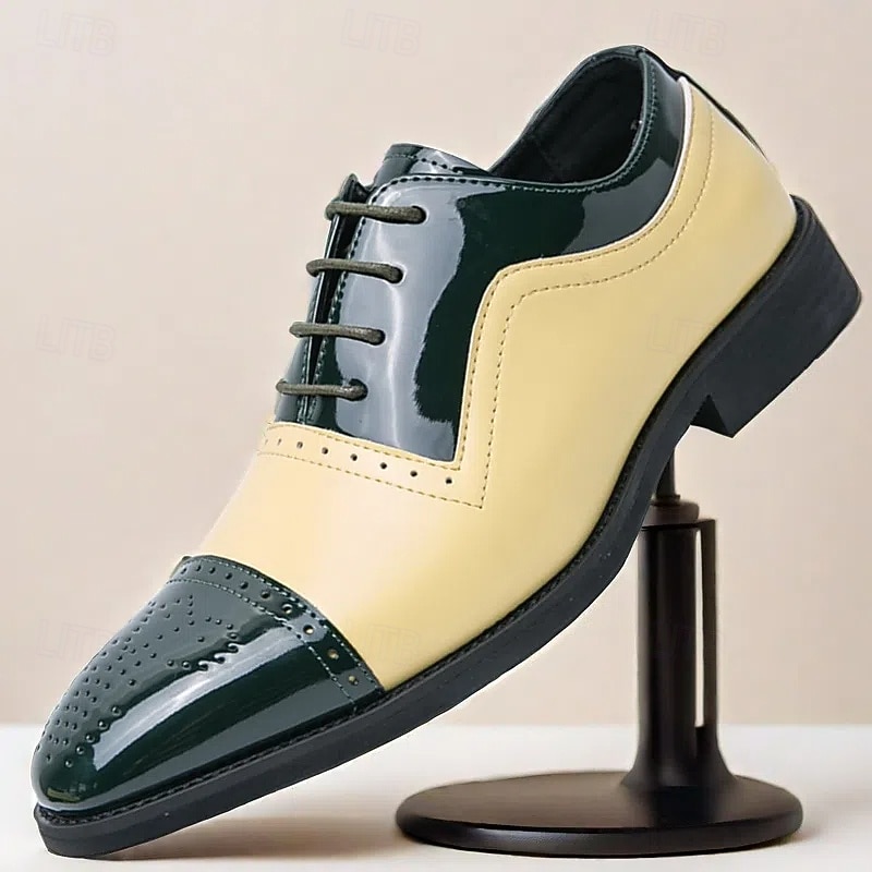 Men's Two-Tone Patent Leather Oxford Shoes, Green and Beige Brogue Dress Shoes for Weddings, Parties and Formal Events