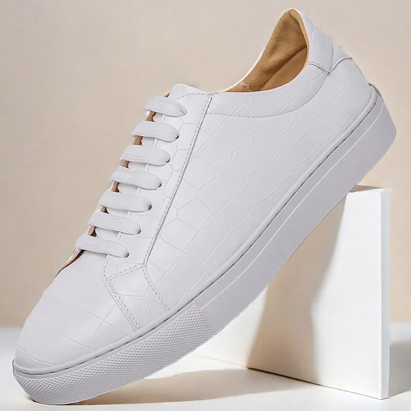 Men's White Crocodile Pattern Casual Sneakers – Stylish Lace-Up Shoes for Daily Wear and Fashionable Outings