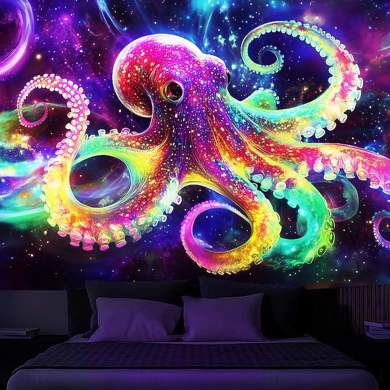 Blacklight Tapestry Glow in the Dark Glow Party UV Reactive Trippy Misty Animal Octopus Hanging Tapestry Wall Art Mural for Living Room Bedroom