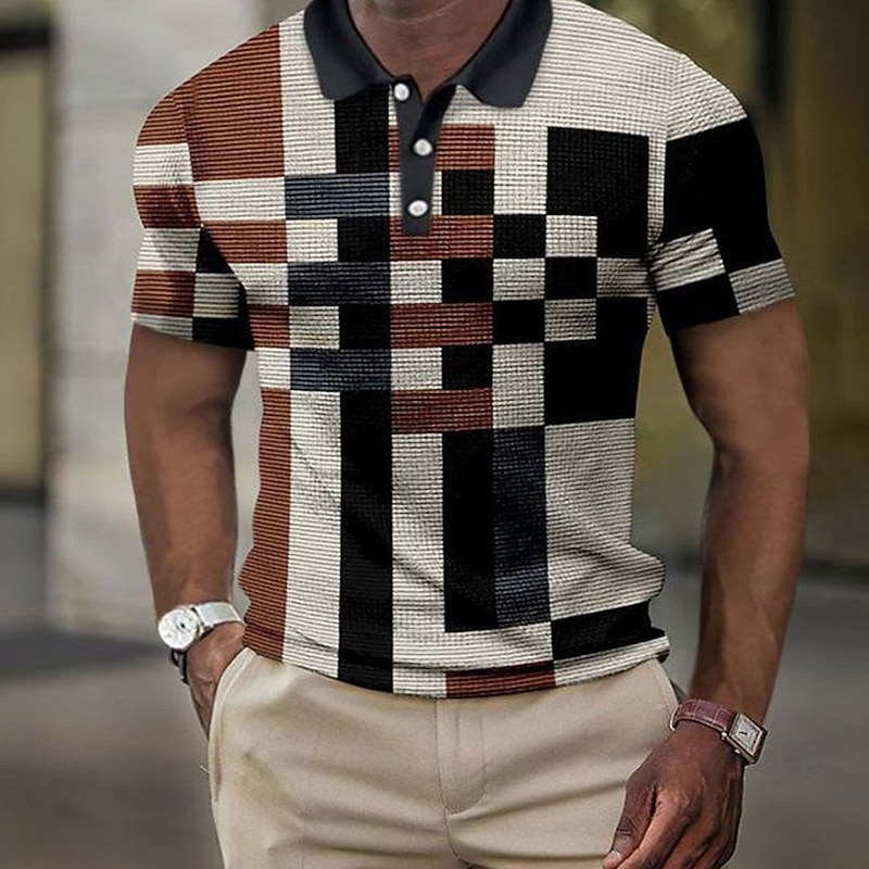 Men's Color Block Waffle Polo Shirts Short Sleeve Polo Shirts Collared Shirts Business Casual Business Athleisure Outdoor clothing Buttons 3D Print Summer Black