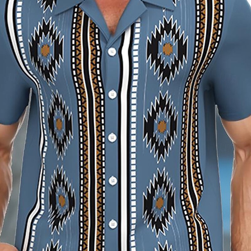 Men's Geometric Aztec Ethnic Shirt Cuban Collar Shirt Short Sleeve Vintage Retro Vacation Holiday Streetwear Summer Spring Camp Collar Shirt 3D Print Blue2