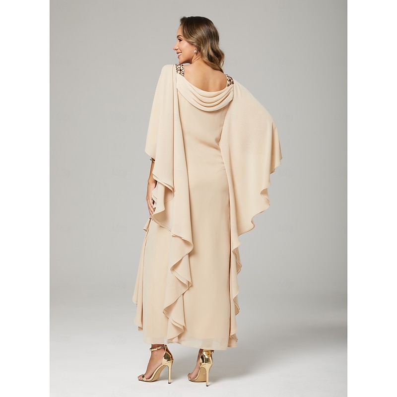 Sheath / Column Mother of the Bride Dress Wedding Guest Elegant Plus Size Crew Neck Floor Length Chiffon Half Sleeve with Beading Cascading Ruffles2