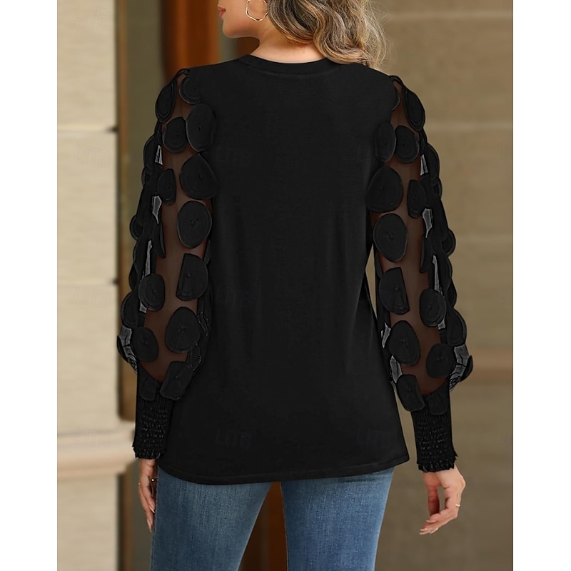 Blouse Women's 6 black Black+white+grey Black Lace Flower / Plants Lace Print Daily Elegant Round Regular Fit S2