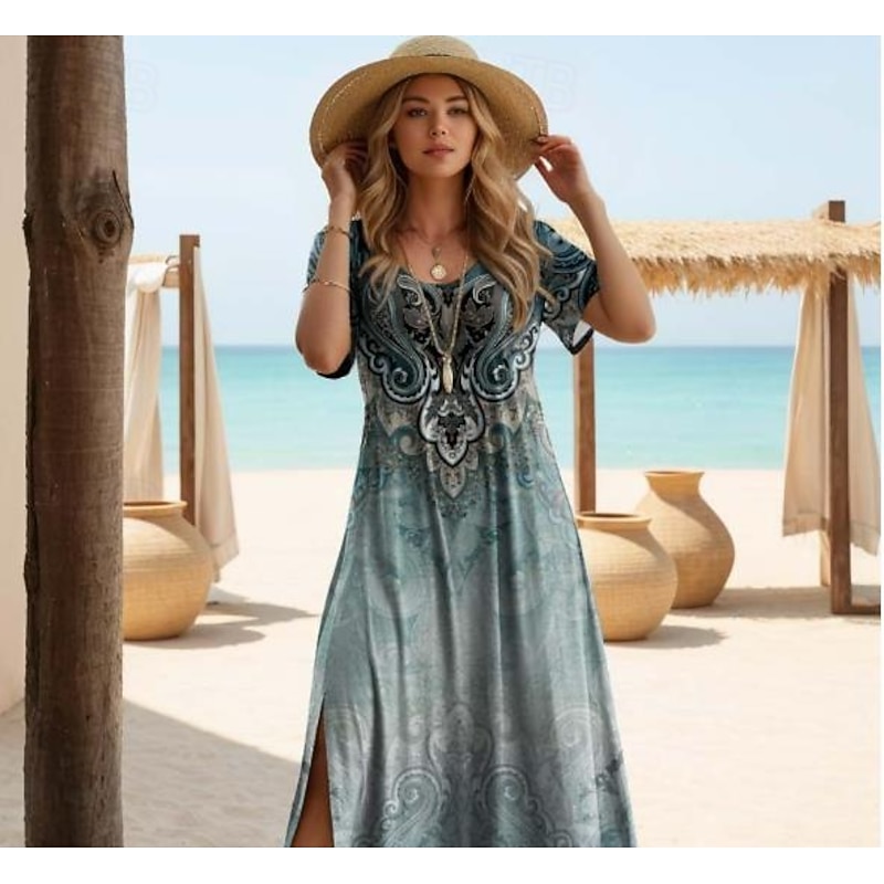 Women's Maxi Dress Casual Dress Casual Daily Loose Fit Geometric Short Sleeve Crew Neck Teal Black White Red Summer2
