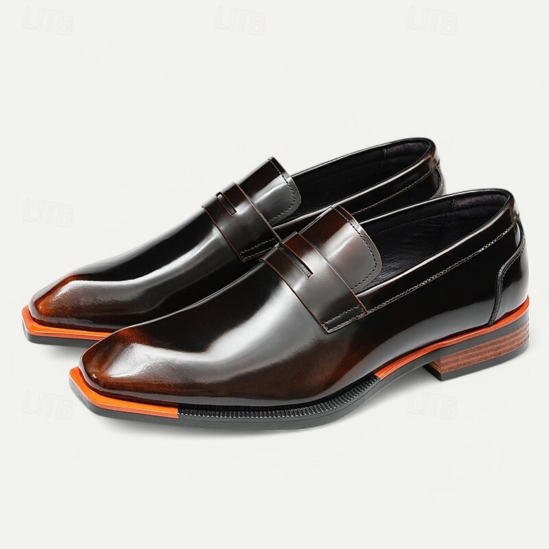 Men's Black Premium Cowhide Slip-On Loafers with Contrast Orange Accent, Formal Style for Business and Special Events2