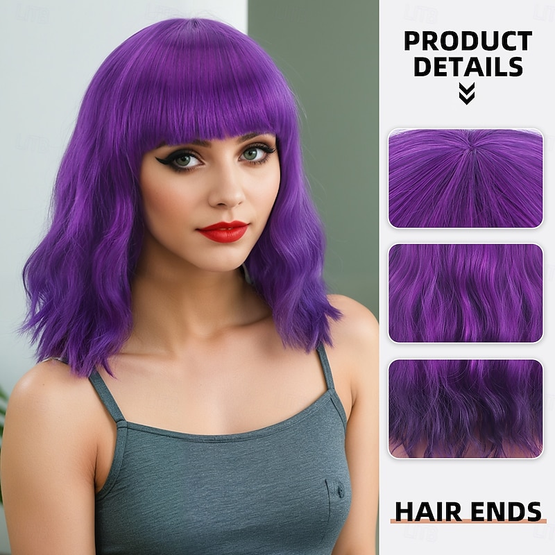 Synthetic Wig Bouncy Curl Deep Wave Asymmetrical With Bangs Machine Made Wig Short Blonde Synthetic Hair Women's Purple2