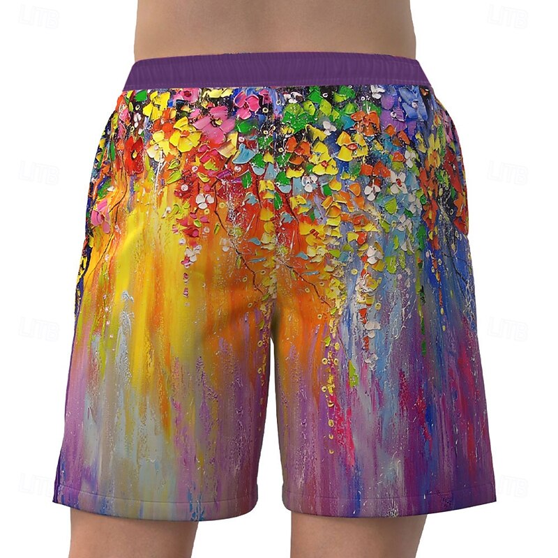 Men's Colorful Oil painting flowers Swim Shorts Board Shorts Swimming Trunks Mid Waist Hawaiian Casual Vacation Holiday Beach Wear Side Pockets Mesh Lining Elastic Drawstring Waist Designer Clothing2