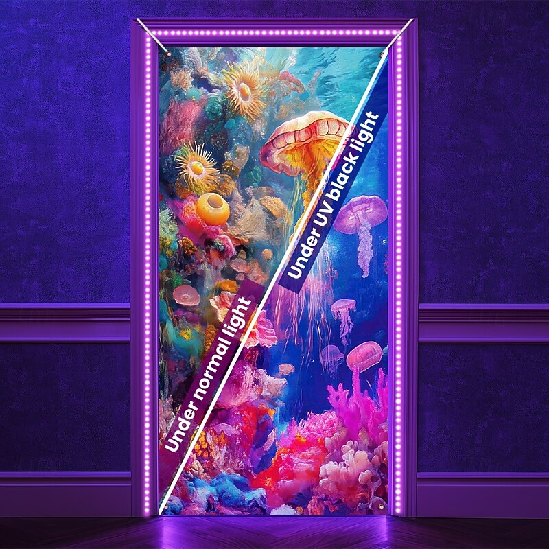 Blacklight Door Decorations Door Covers Glow in the Dark Ocean Jellyfish Door Tapestry Door Curtain Decoration Backdrop Indoor/Outdoor Door Banner for Front Door Farmhouse2