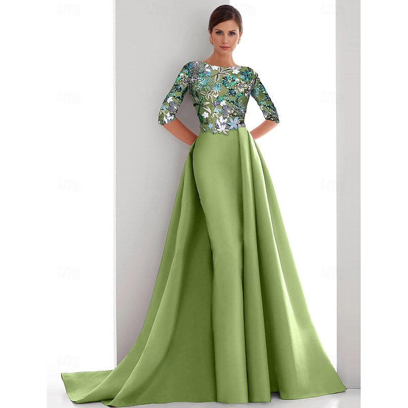 Beaded Floral Lace Appliques Black Tie Mermaid Evening Gown Elegant Dress Formal Wedding Sweep / Brush Train Half Sleeve Boat Neck Satin with Overskirt