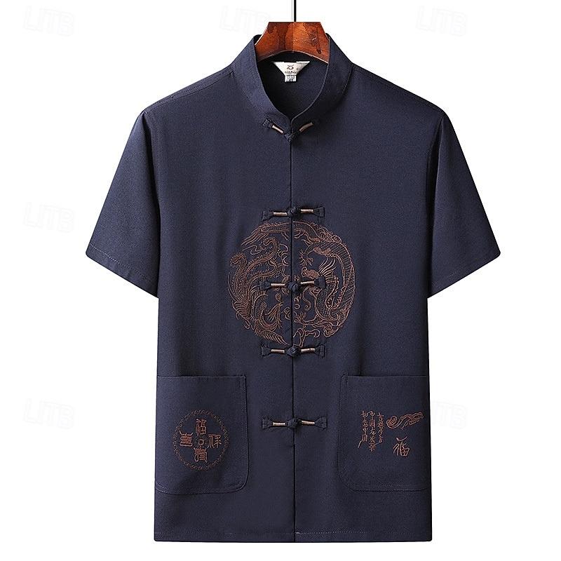 Men's Shirt Summer Shirt Casual Shirt Beach Shirt Button Up Shirt Red Navy Blue Green Light Grey Dark Gray Short Sleeve Dragon Stand Collar Vacation Hawaiian Embroidered Clothing Apparel Polyester3