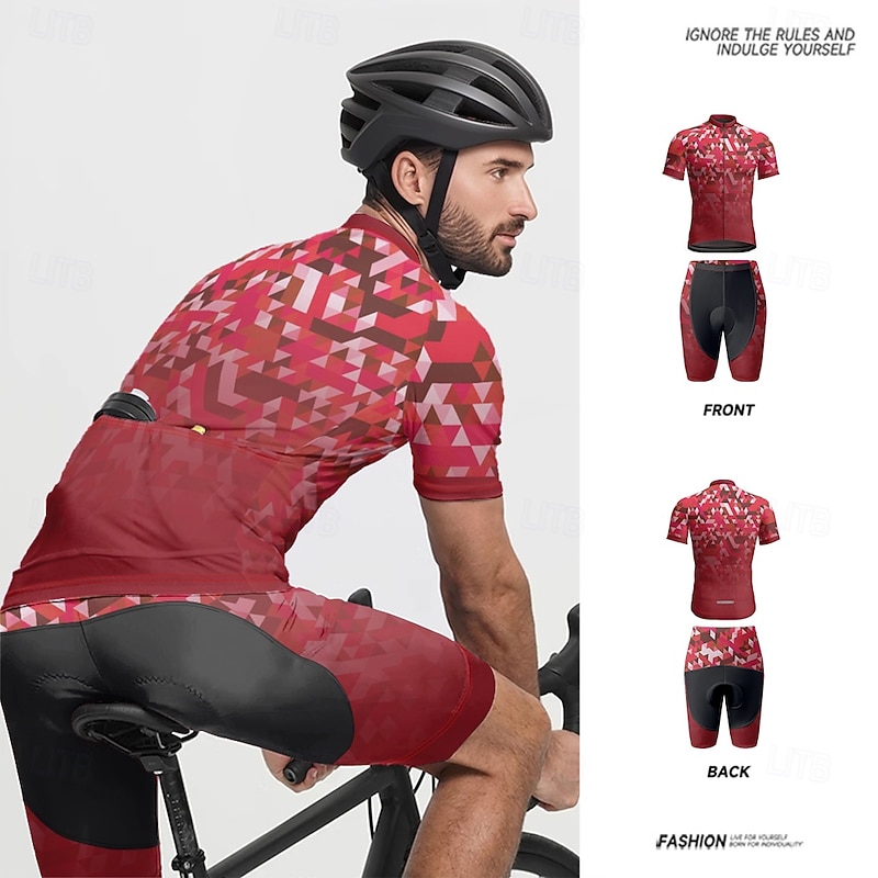 Men's Cycling Jersey with Shorts Geometric Short Sleeve Bike Clothing Suit with 3 Rear Pockets Mountain Bike MTB Road Bike Cycling Front Zipper Sweat wicking Comfortable Breathable Sports Black Red