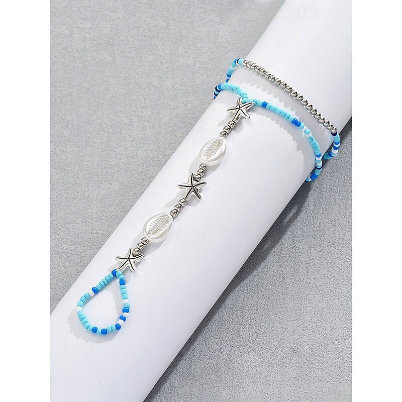 Beach Foot Jewelry - Blue Beaded Anklet with Starfish and Cowrie Shells, Adjustable and Boho Chic, Perfect for Summer, Beach Parties and Festivals3