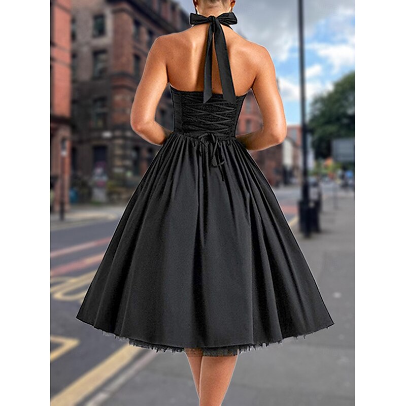 Retro Vintage 1950s Midi Dress Flare Dress Halter Solid Color A-Line Fancy Dress Women's Masquerade Wedding Vacation Tea Party Adults' Dress2