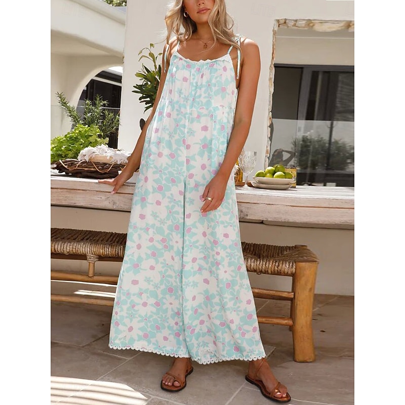 Women's Normal Jumpsuit Active Floral Sleeveless U Neck High Waist Vacation Daily Loose Fit Light Blue Summer3