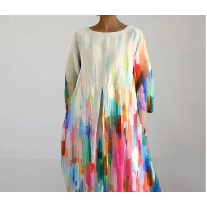 Women's Maxi Dress Casual Dress Casual Vacation Loose Fit Ombre Graphic Geometric 3/4 Length Sleeve Crew Neck Linen Like Colourful Spring Fall Winter2