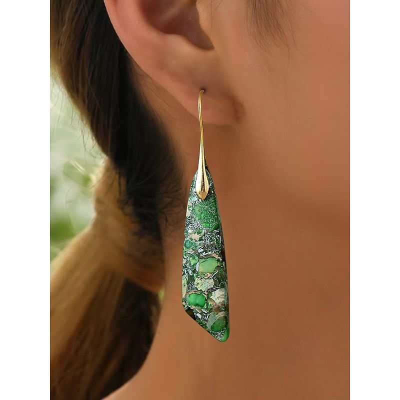 Natural Stone Green Drop Earrings with Gold Hooks - Boho Style, Unique Gemstone Jewelry for Women, Perfect for Casual and Elegant Occasions