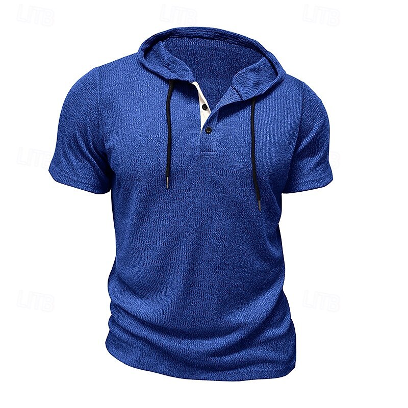 Men's T Shirt Tee Short Sleeve Shirt Tee Top Short Sleeve Hooded Summer Plain Fashion Designer Basic Buttons Vacation Street Going out Wine Black Blue Top Tee for Men2