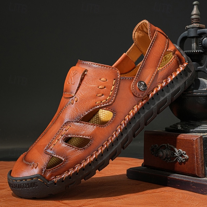 Men's Brown Faux Leather Sandals with Perforated Design, Adjustable Strap, and Durable Sole – Comfortable for Casual Wear, Outdoor and Summer Activities