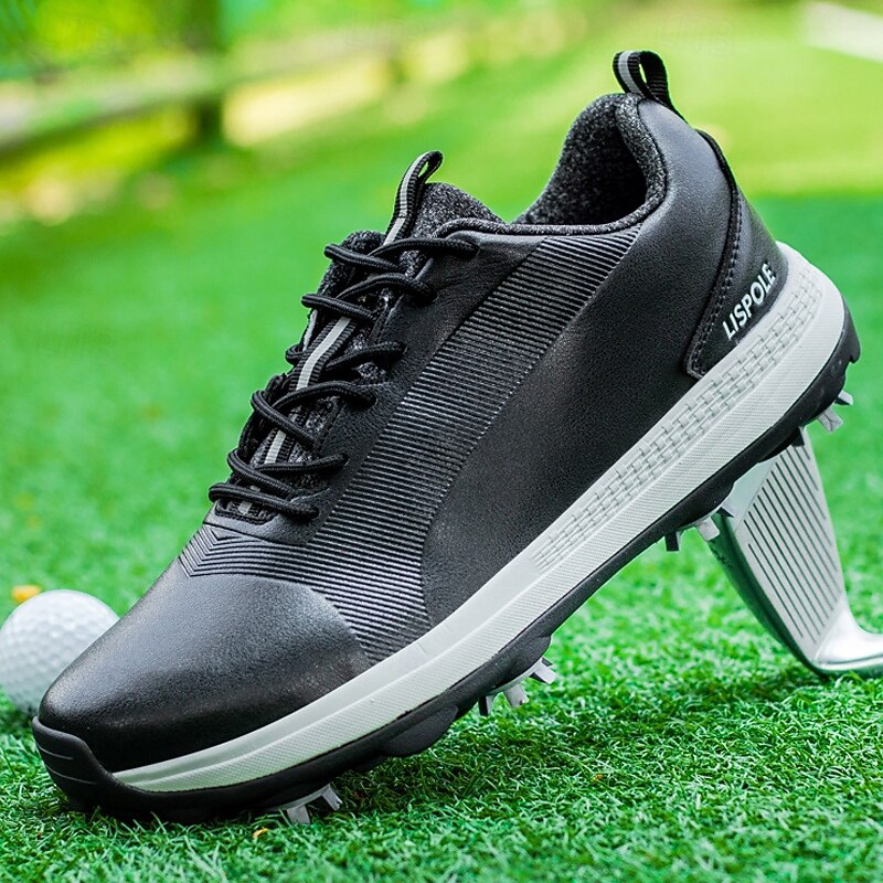 Men's Black and White Golf Shoes with Spiked Sole, Breathable Upper, and Lightweight Design for Comfort and Support on the Golf Course4