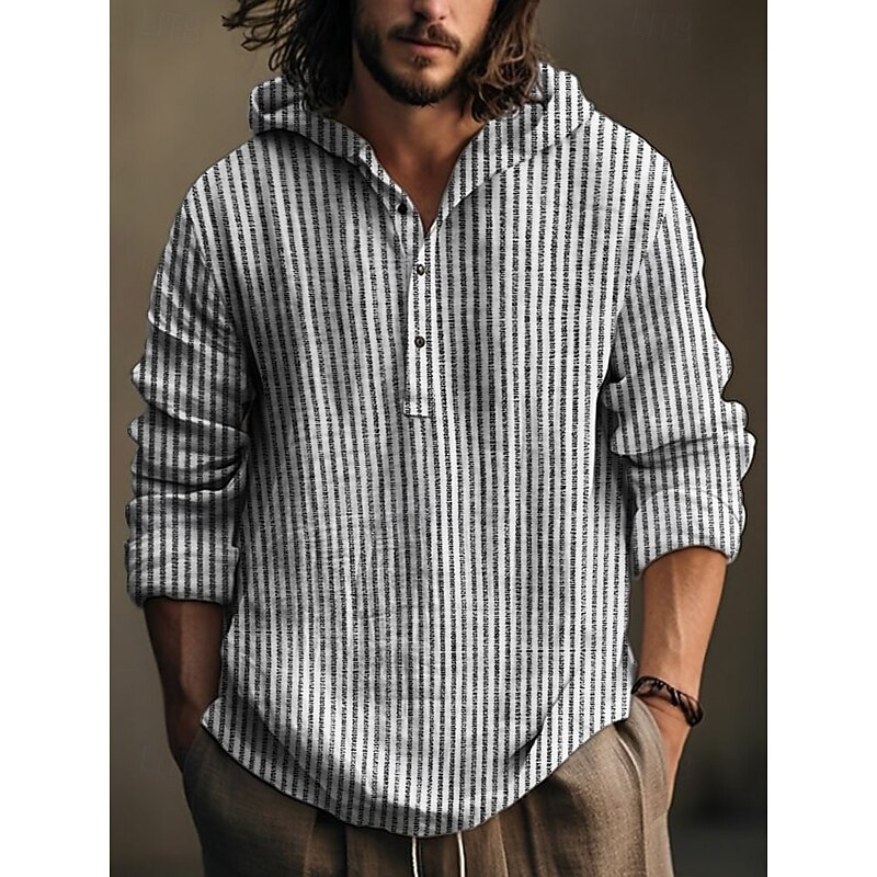 Men's Button Up Shirt Hooded Shirt Black khaki Long Sleeve Stripes Hooded Vacation Casual Hooded Clothing Apparel Polyester Fashion2