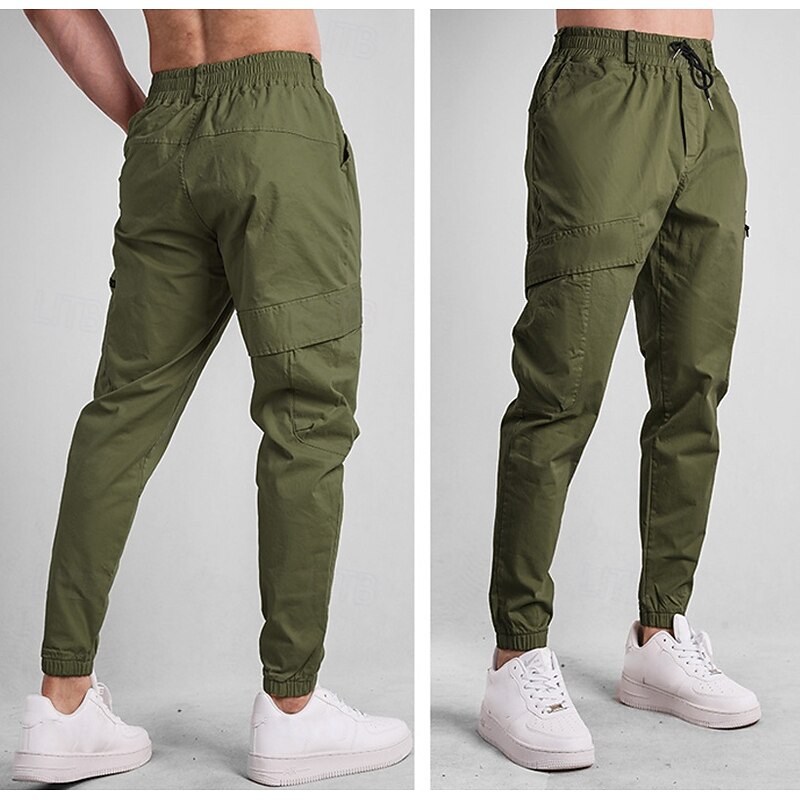 Men's Cargo Pants Joggers Trousers Drawstring Elastic Waist Multi Pocket Plain Wearable Outdoor Daily Camping & Hiking Fashion Classic Black Green3