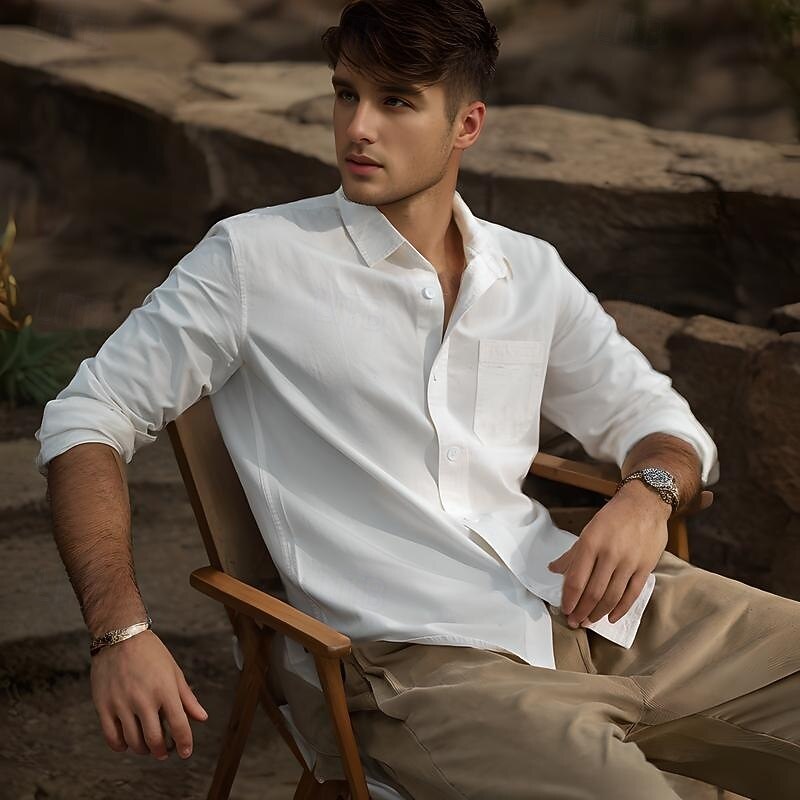 Men's Shirt White Blue Army Green Dark Gray Apricot Long Sleeve Solid Color Rolled collar Causal Casual Pocket Clothing Apparel Neutral Daily2