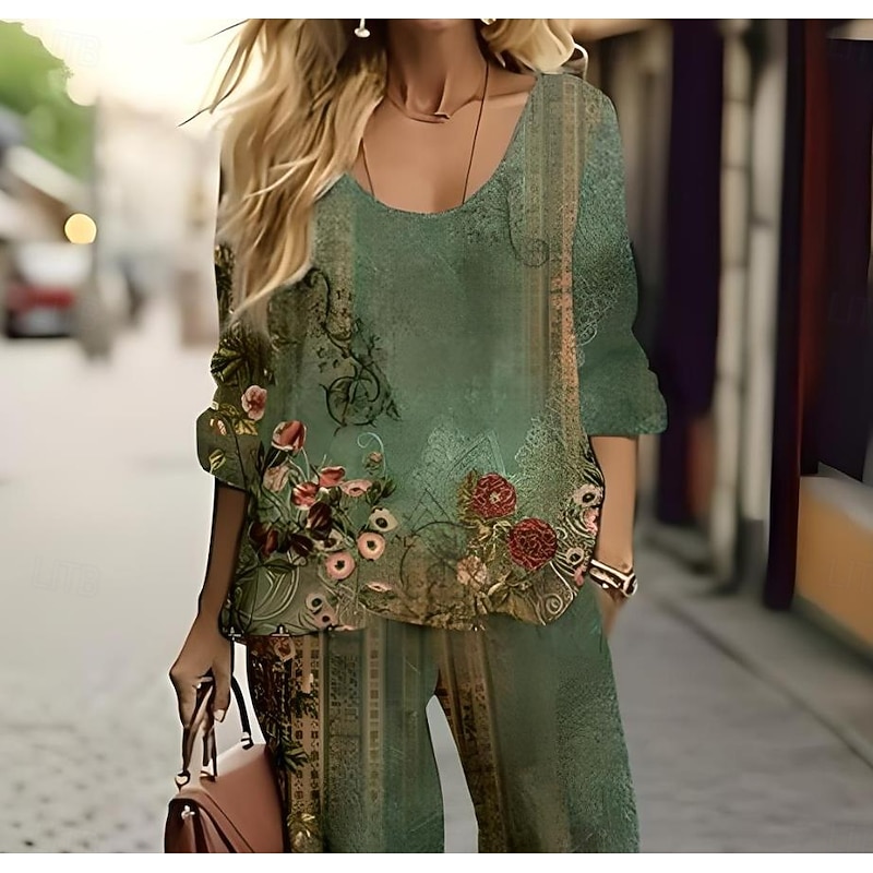 Women's 2 Pieces Basic Neon & Bright Shirt Blouse 3/4 Length Sleeve V Neck Floral Print Casual Linen Like Green Summer Regular Fit2