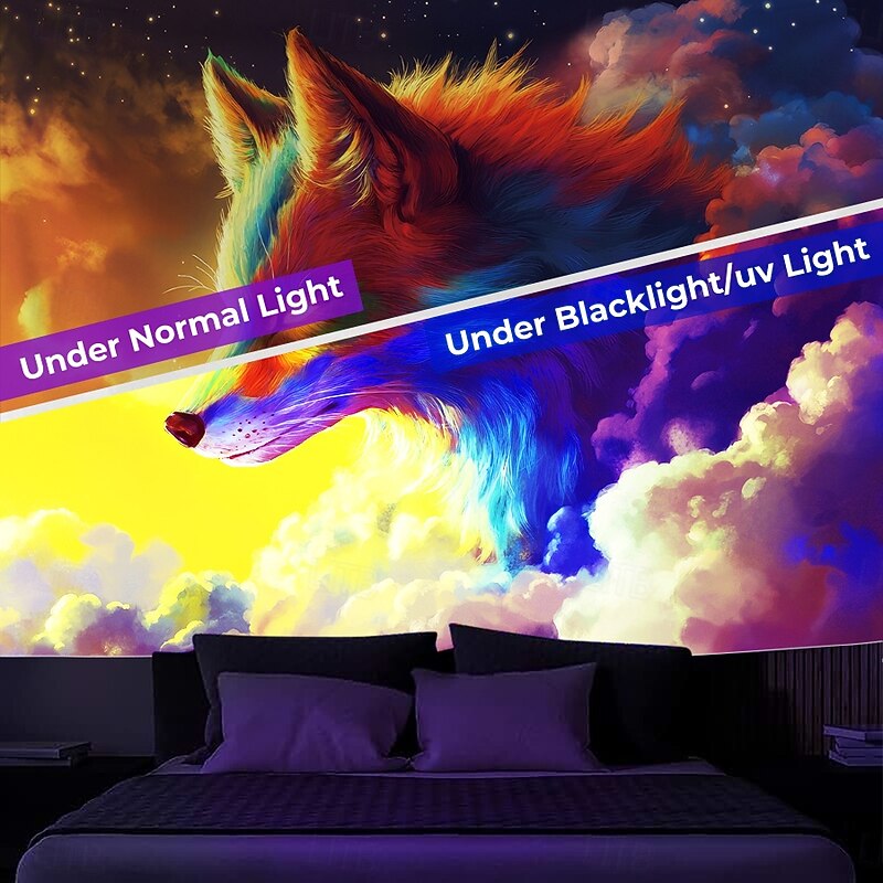 Blacklight Tapestry Glow in the Dark Glow Party UV Reactive Trippy Misty Animal Fox Nature Landscape Hanging Tapestry Wall Art Mural for Living Room Bedroom2