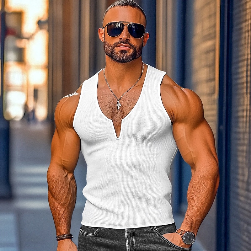 Men's Waffle Tank Top Tank Top Vest Undershirt Sleeveless V Neck Summer Plain Fashion Classic Comfortable Street Casual Sports White Yellow Blue Top Tee for Men2