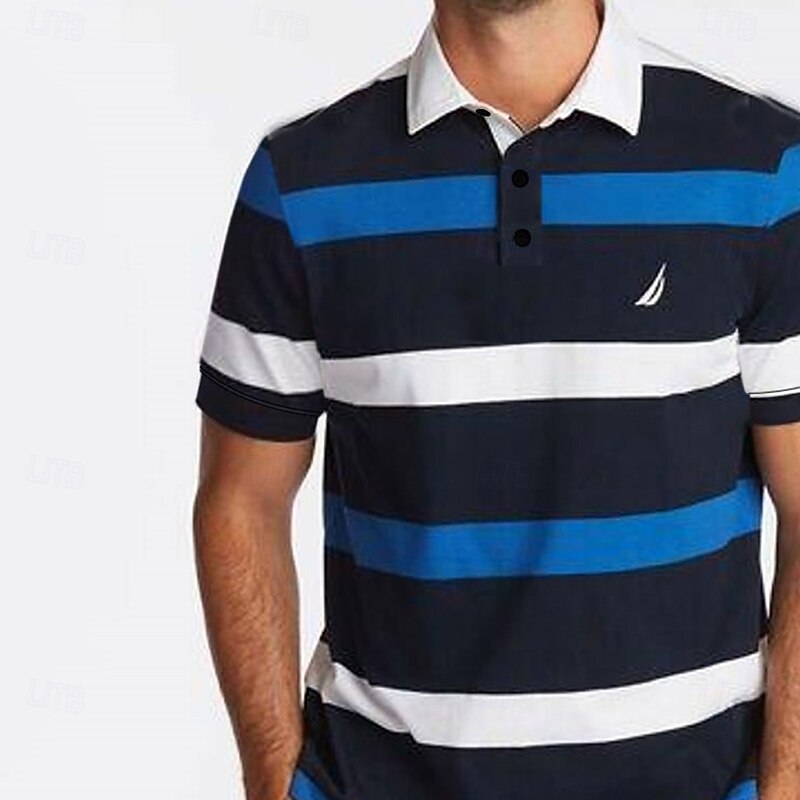 Men's Striped Rugby Polo Short Sleeve Polo Shirts Collared Shirts Casual School Outdoor Sports Daily Wear 3D Print Summer Spring Fall Blue2