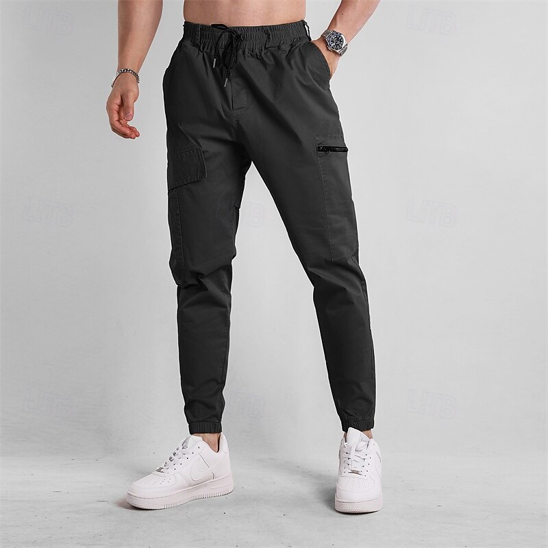 Men's Cargo Pants Joggers Trousers Drawstring Elastic Waist Multi Pocket Plain Wearable Outdoor Daily Camping & Hiking Fashion Classic Black Green4