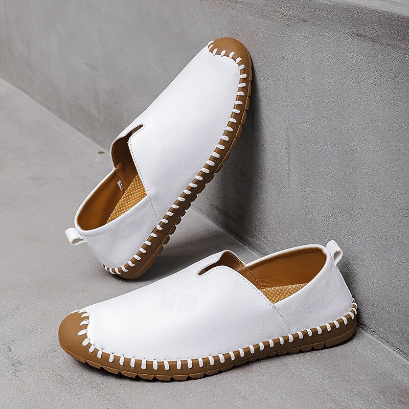 Men's Casual Slip-On Sneakers – White Faux Leather with Contrast Stitched Design, Comfortable Everyday Shoes for Leisure and Outdoor Activities4