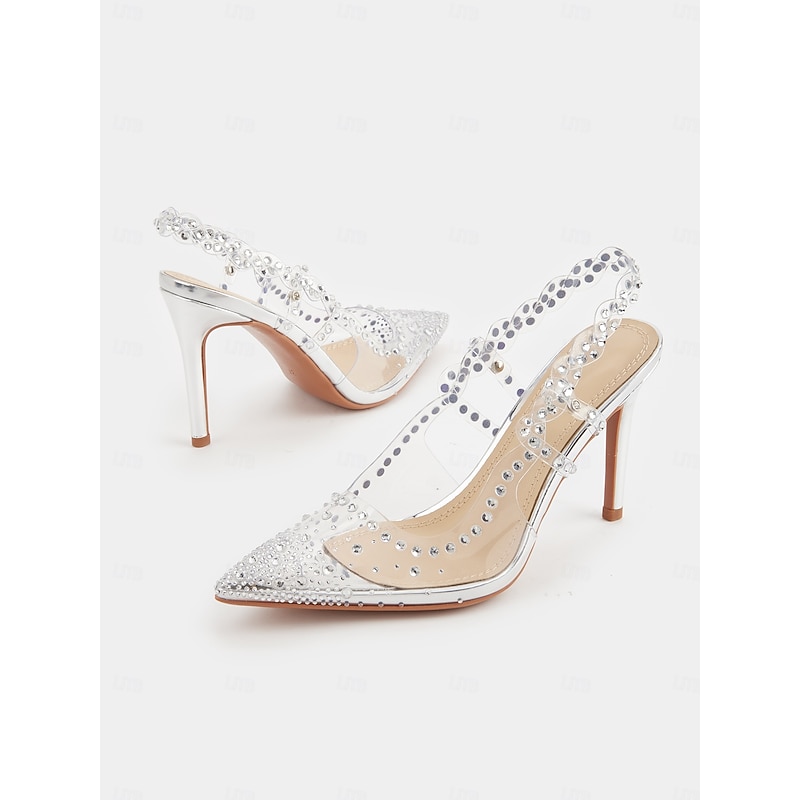 Women's Clear Pointed Toe Slingback Heels with Rhinestone Accents – Elegant Bridal & Prom Evening Shoes2