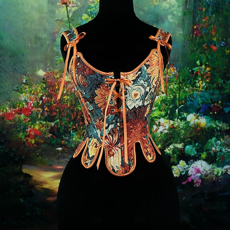 Retro Vintage Medieval Renaissance Corset Vest Bustier Lace up Floral Jacquard Fancy Dress Women's Celtic Fantasy Royal Halloween Carnival Party Casual Daily LARP Adults' Corset