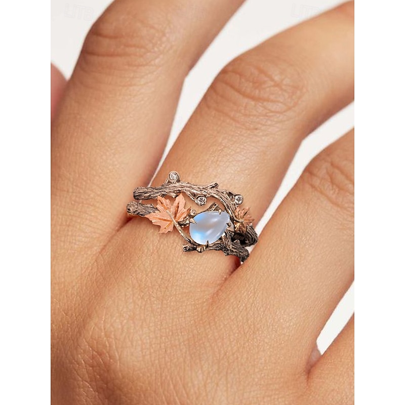Nature-Inspired Moonstone Maple Leaf Branch Ring – Vintage Boho Engagement Ring for Women, Unique Jewelry for Weddings & Gifts3