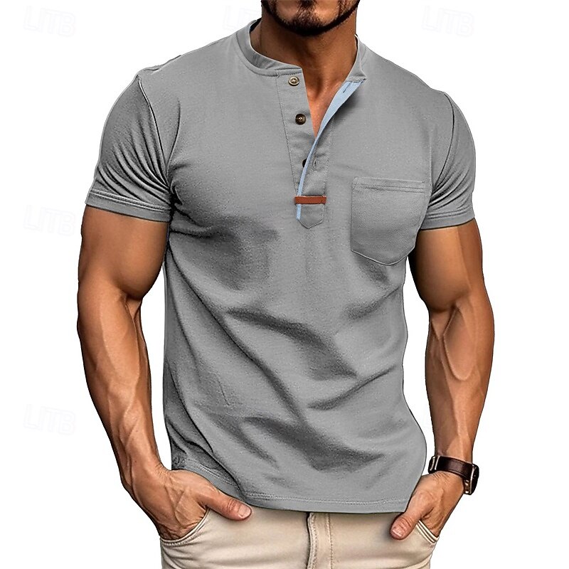 Men's Button T Shirt T Shirt Henley Shirt Tee Short Sleeve Henley Summer Plain Fashion Designer Basic Pocket Vacation Street Going out Black White Wine Top Tee for Men4
