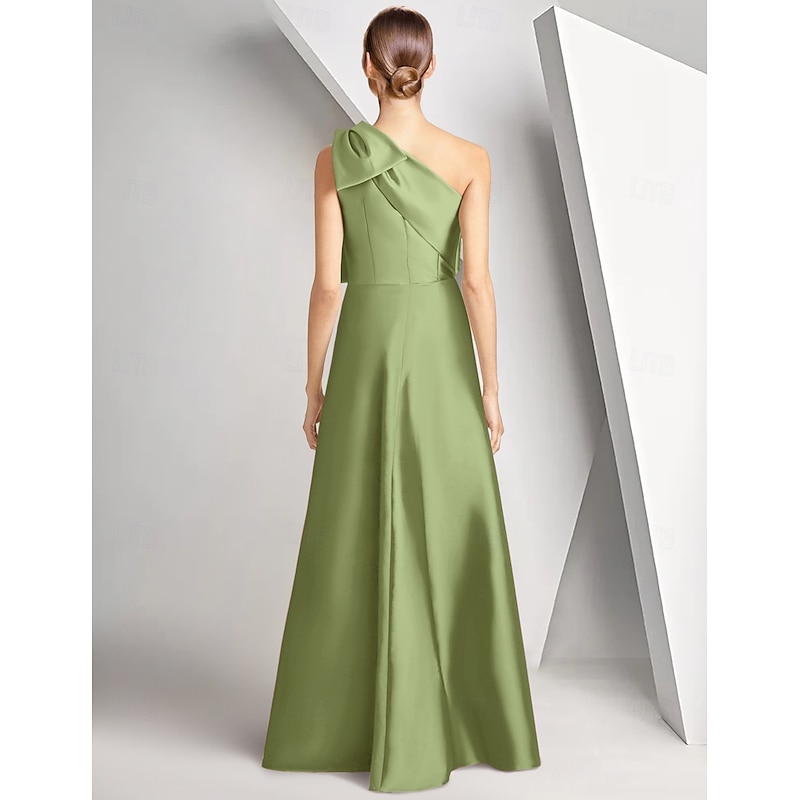 Floral Embroidered A-Line Evening Gown Elegant Dress Formal Wedding Floor Length Sleeveless One Shoulder Satin with Bow(s) Slit3