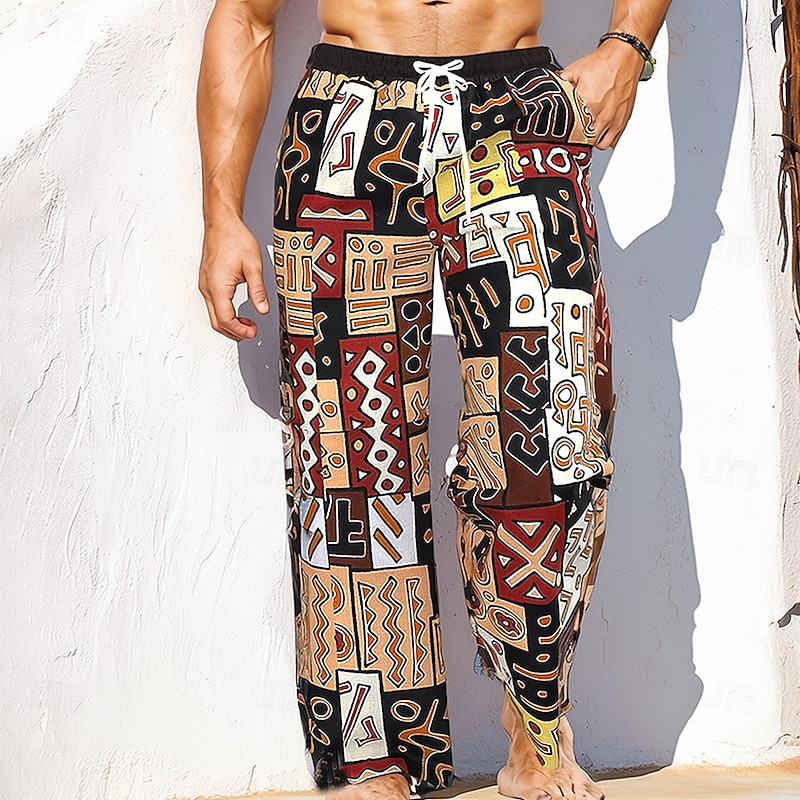 Men's Geometric Patchwork Ethnic Trousers Baggy Pants Casual Pants Mid Waist Vintage Retro Outdoor Vacation Holiday Drawstring Elastic Waist Wide Leg Summer Spring 3D Print Brown