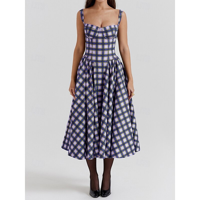 Retro Vintage 1950s Midi Dress Flare Dress Spaghetti Strap Corset Plaid A-Line Fancy Dress Women's Masquerade Wedding Vacation Tea Party Adults' Dress2