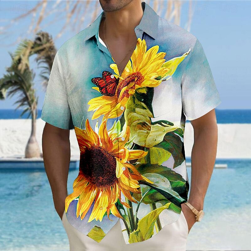 Easter Men's Sunflowers Shirt Button Up Shirt Short Sleeve Vintage Retro Vacation Holiday Festival Summer Turndown 3D Print Collared Shirts Front One Pocket Light Blue