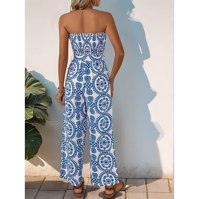 Women's Normal Jumpsuit Active Floral Sleeveless Strapless Backless Pocket Vacation Daily Regular Fit Blue Summer2