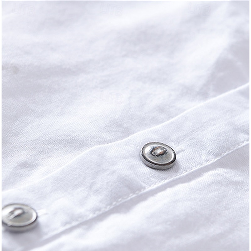 Men's Shirt Linen Shirt Popover Shirt Casual Shirt Cotton Shirt Plain Vacation Street White Navy Blue Sky Blue Green Short Sleeve Band Collar Summer Clothing Apparel Buttons4
