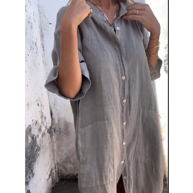 Women's Long Dress Maxi Dress Cotton Linen Dresses Shirt Dress Casual Dress Basic Casual Vacation Casual Daily Loose Fit Plain Half Sleeve Shirt Collar Blue Green Khaki Gray Summer Spring Fall