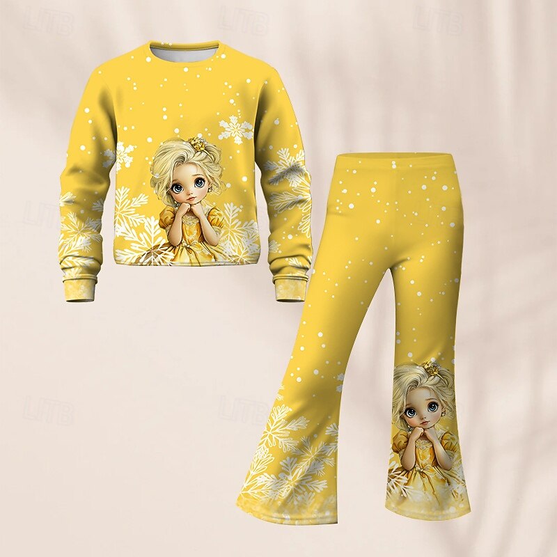 Girls' 3D Graphic Cartoon Snowflake Sports Suit Tracksuits Sweatshirt & Flare Pants Set Long Sleeve Spring Fall Daily Casual Kids 4-12 Years Crew Neck Outdoor Vacation Sports Tailored Fit3