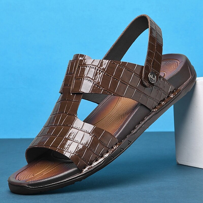 Men's Brown Crocodile Pattern Sandals with Adjustable Strap, Stylish Design for Casual, Outdoor and Summer Wear